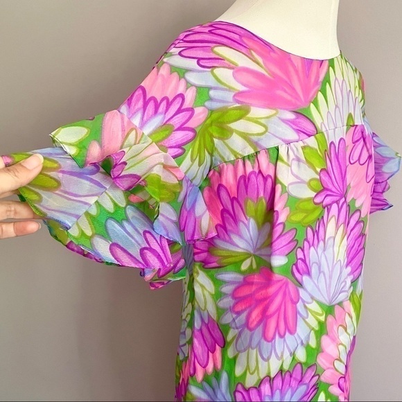 Vintage 60s Pink Purple Floral Hippie Short Sleeve Ruffled Pant Suit - XS/24" - Picture 4 of 16